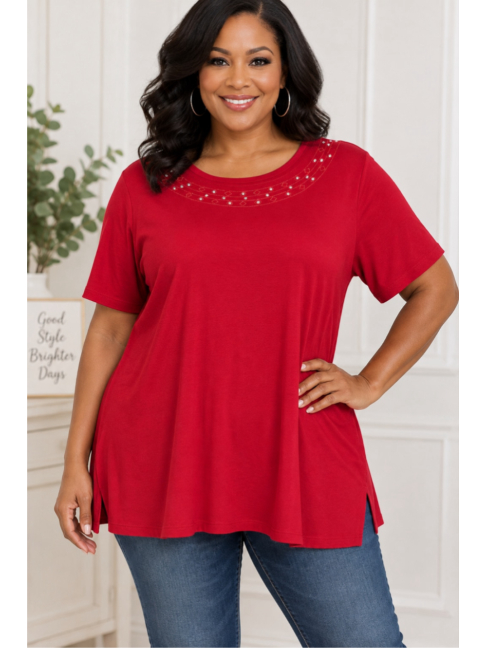 Allison Daley Red Short Sleeve Embellished Tee Women’s Size 2X